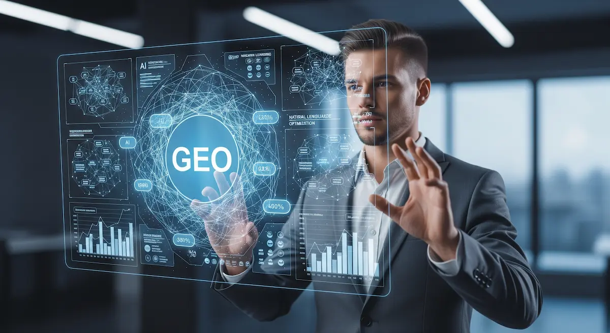 Un digital strategist che analizza dati per la Generative Engine Optimization (GEO) su un'interfaccia olografica.