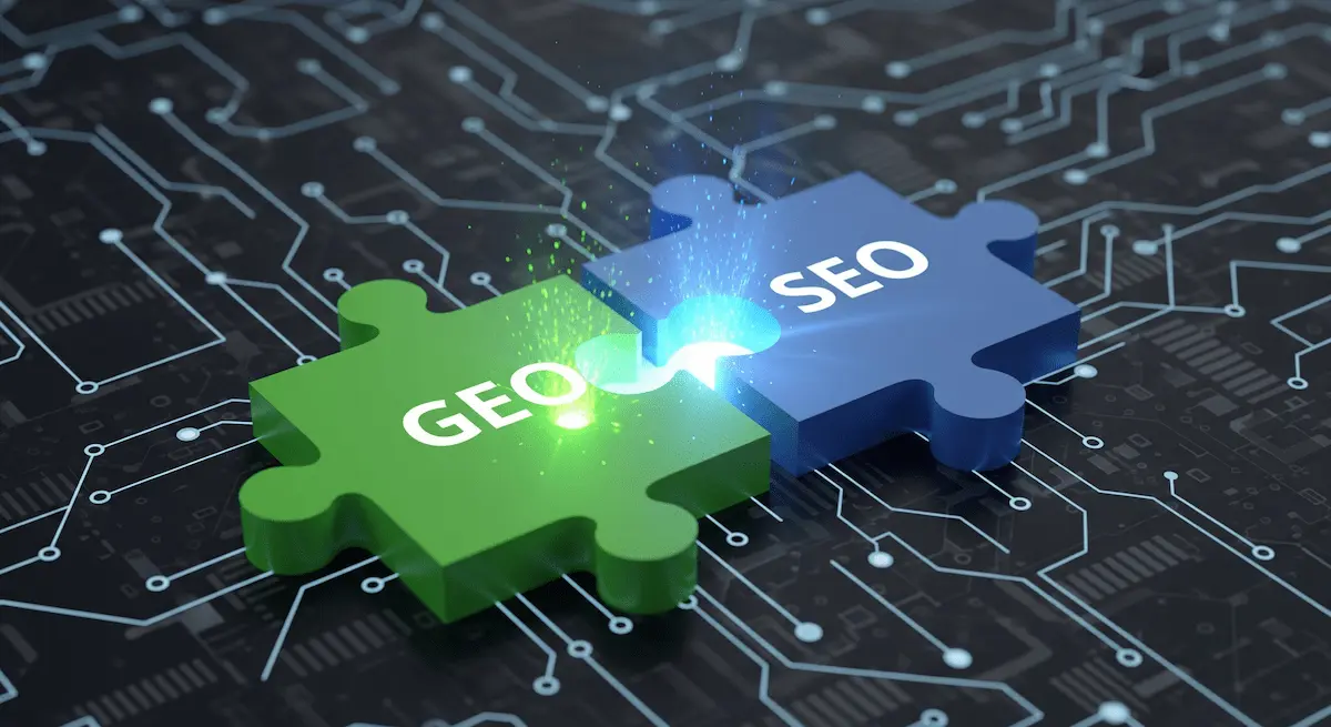 Illustrazione concettuale con un pezzo di puzzle blu con la scritta SEO che si incastra in un pezzo di puzzle verde con la scritta GEO su uno sfondo digitale. La sinergia tra SEO e GEO mostrata come due pezzi di puzzle compatibili che si uniscono.