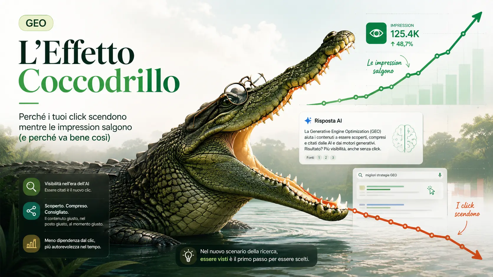 Questa foto descrive: L’Effetto Coccodrillo: perché i tuoi click scendono mentre le impression salgono (e perché va bene così)